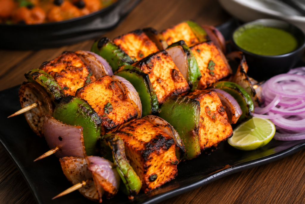 Make smoky and delicious restaurant-style Paneer Tikka at home with this easy BBQ recipe. Juicy paneer cubes marinated in spicy yogurt masala and grilled with fresh vegetables for the perfect Indian starter.