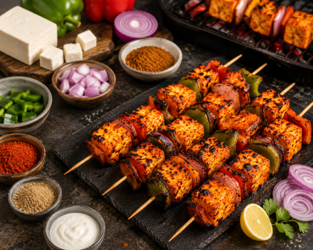 Make smoky and delicious restaurant-style Paneer Tikka at home with this easy BBQ recipe. Juicy paneer cubes marinated in spicy yogurt masala and grilled with fresh vegetables for the perfect Indian starter.